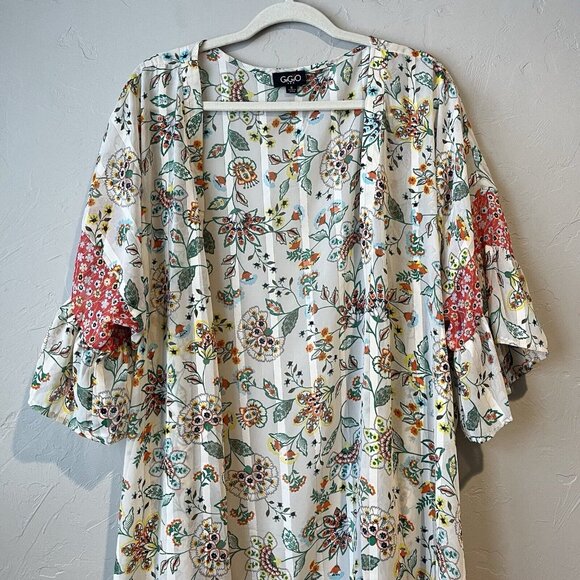 Women's S Cream Floral Open Front Boho Long Kimono Resort swim Coverup Gigio Ruf - Picture 8 of 13